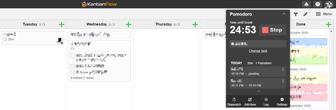 Kanban Flow 內建番茄鐘計時視窗,顯示倒數時間與當日任務執行紀錄