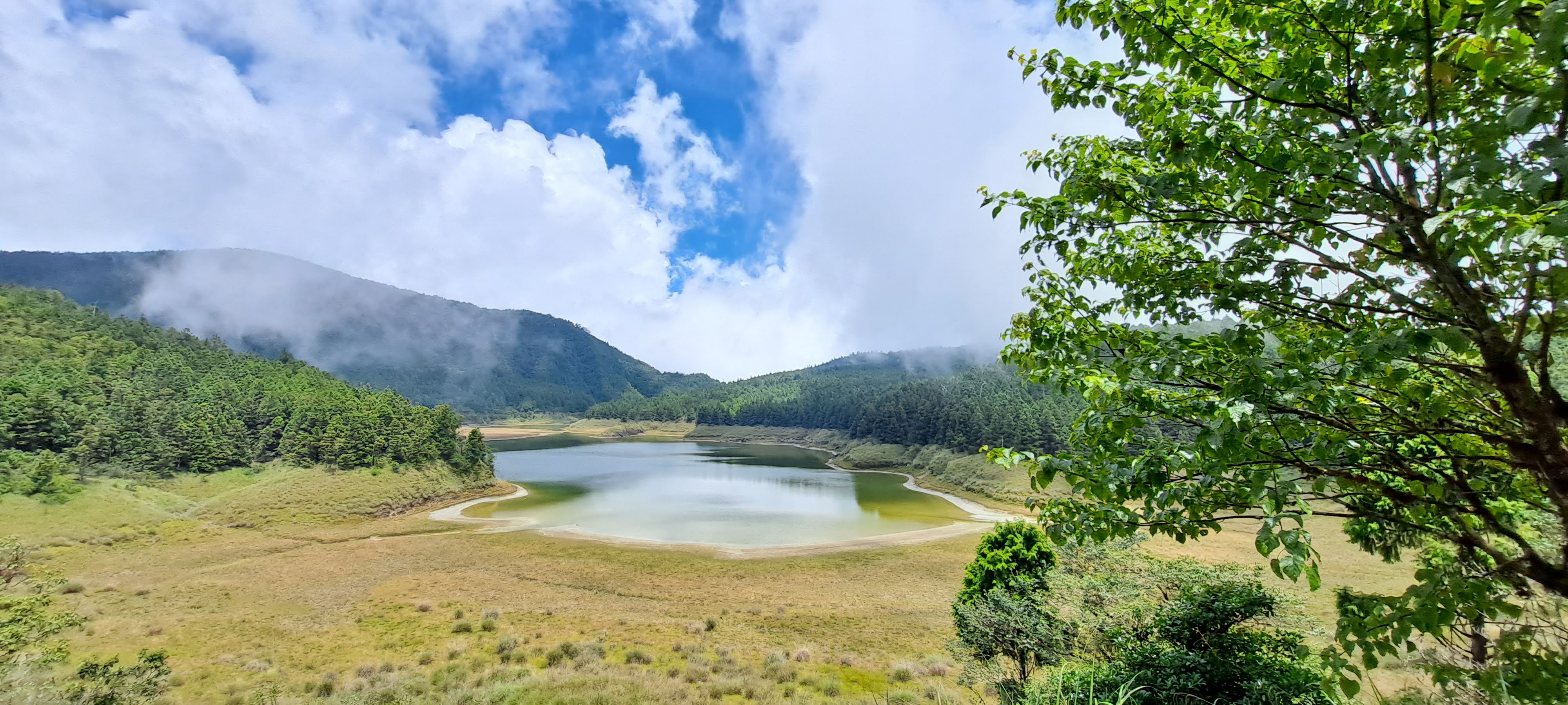 翠峰湖藍天白雲下的湖泊全景，草地與樹林環繞湖岸