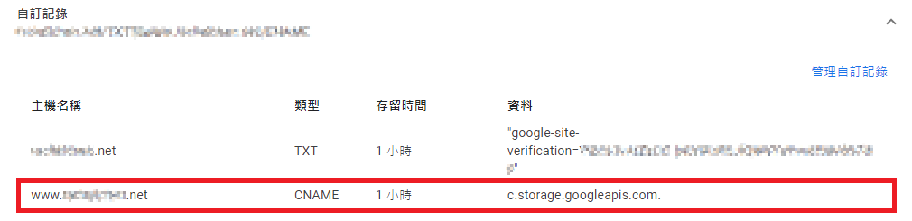 網域註冊商後台新增 CNAME 記錄,將網域指向 GCP 儲存空間