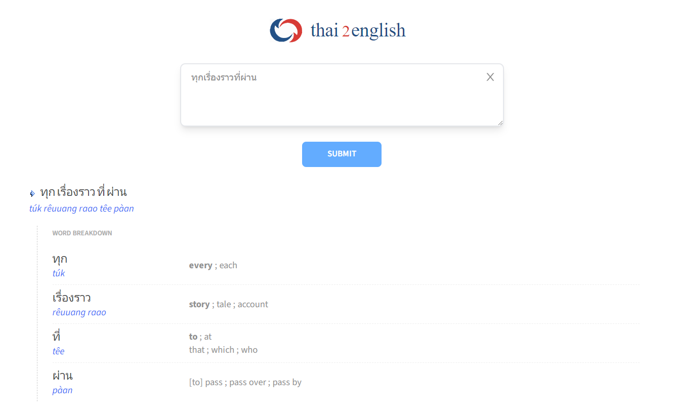 THAI2ENGLISH 網站將泰文歌詞「ทุกเรื่องราวที่ผ่าน」拆解成單字並標註羅馬拼音與英文翻譯