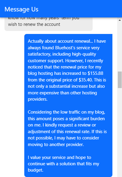 在 Bluehost 客服聊天視窗貼上議價說詞,說明續約價格調整需求