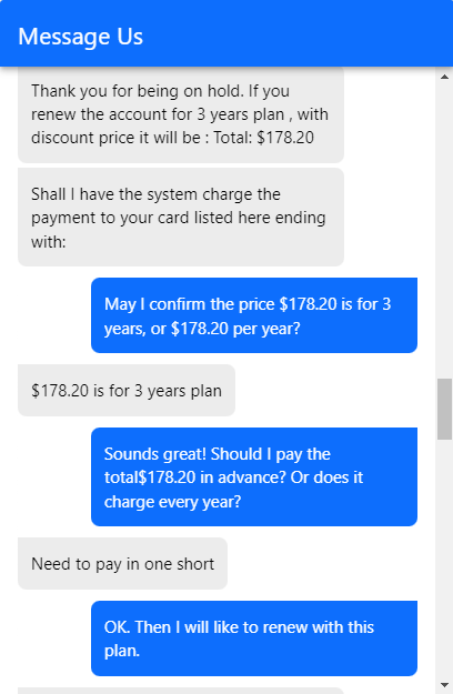 Bluehost 客服提供三年 178.2 美元優惠續約方案的聊天對話紀錄